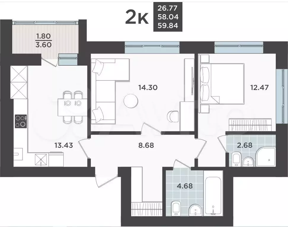 2-к. квартира, 58 м, 9/9 эт. - Фото 1