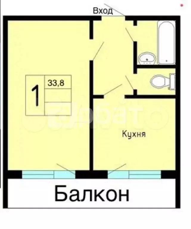 1-к. квартира, 33,6 м, 1/5 эт. - Фото 0