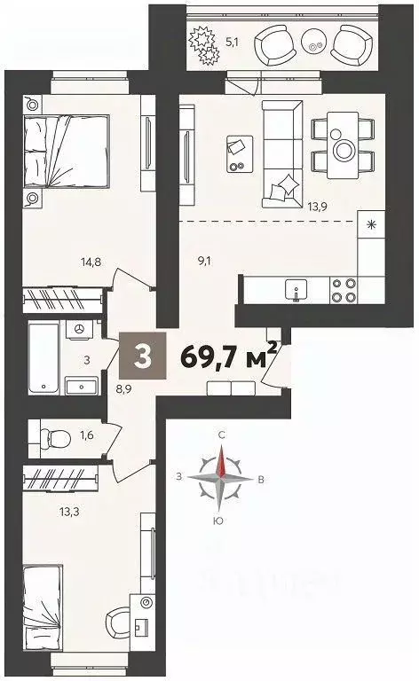 3-к кв. Пензенская область, Пенза Новелла жилой комплекс, с2 (69.7 м) - Фото 0