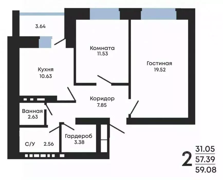 2-к кв. Воронежская область, Воронеж ул. Курчатова, 26Б (59.08 м) - Фото 0