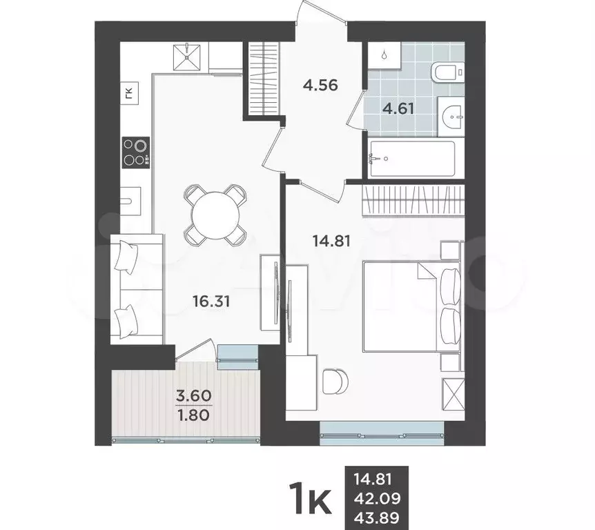1-к. квартира, 42,1 м, 7/9 эт. - Фото 1