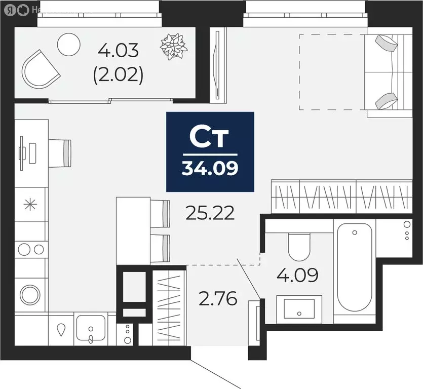 Квартира-студия: Тюмень, Камчатская улица, 109к1 (36.1 м) - Фото 1