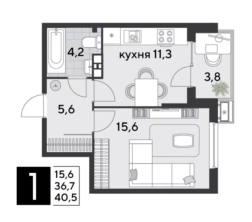 1-комнатная квартира: Краснодар, микрорайон Парк Победы (40.5 м) - Фото 1