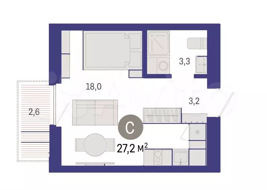 Квартира-студия, 27,2 м, 6/9 эт. - Фото 1