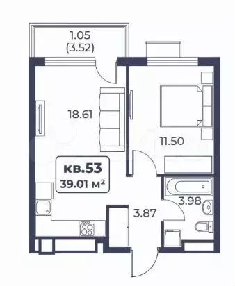 1-к. квартира, 39 м, 8/8 эт. - Фото 1