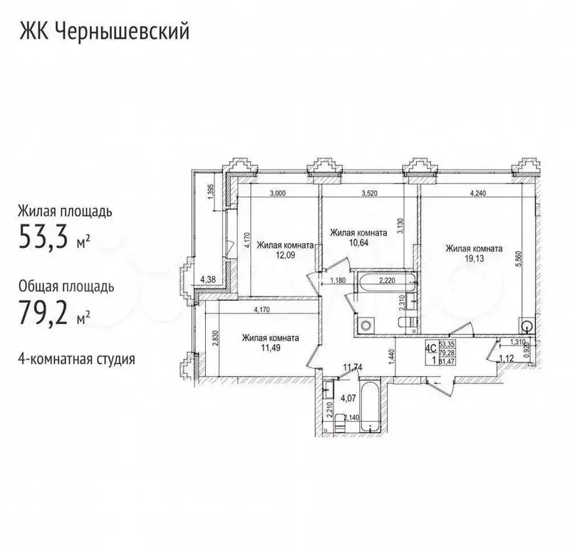 3-к. квартира, 79 м, 1/20 эт. - Фото 0