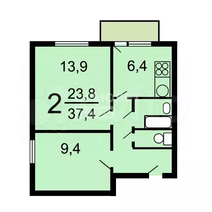 2-к. квартира, 37,6 м, 10/12 эт. - Фото 0