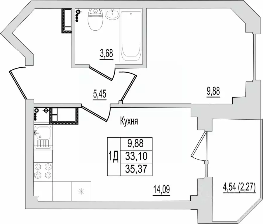 1-к кв. Псковская область, Псков Линейная ул., 87 (35.57 м) - Фото 0