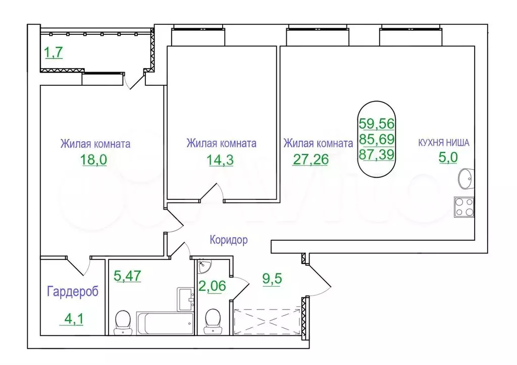 3-к. квартира, 87,4м, 6/8эт. - Фото 0