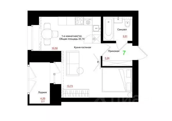 Студия Красноярский край, Красноярск Азовская ул. (32.96 м) - Фото 2