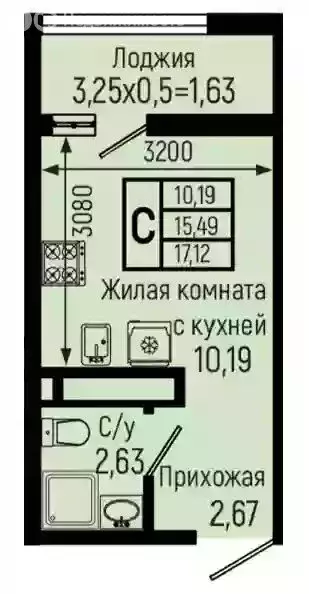 Квартира-студия: село Небуг, Спортивная улица (17.12 м) - Фото 1