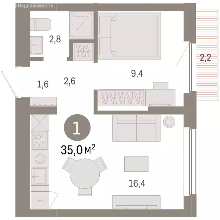 1-комнатная квартира: Новосибирский район, рабочий посёлок Краснообск, ... - Фото 2