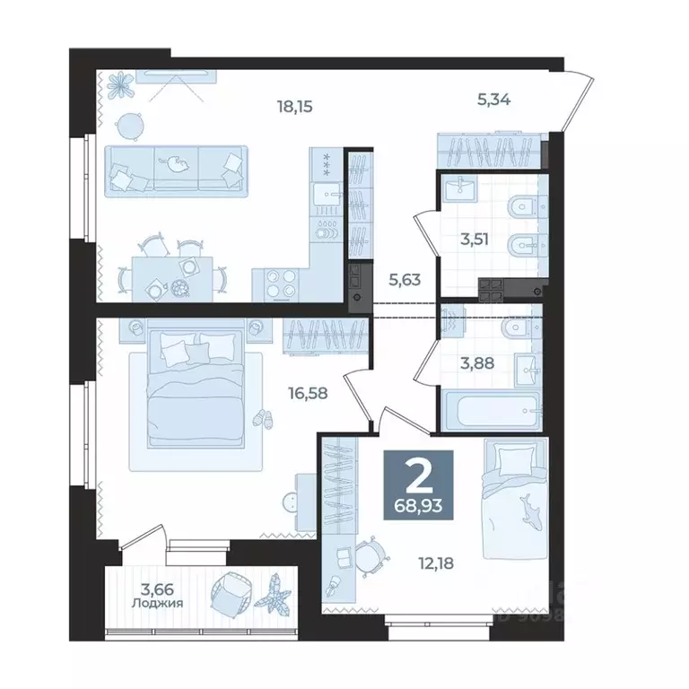 2-к кв. Свердловская область, Екатеринбург ул. Викулова, 41Б (68.93 м) - Фото 1
