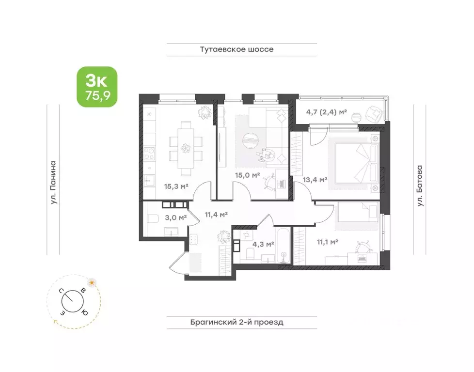 3-к кв. Ярославская область, Ярославль Тутаевское ш., 93Б (75.9 м) - Фото 1