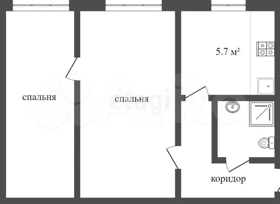 2-к. квартира, 44,4 м, 1/5 эт. - Фото 0