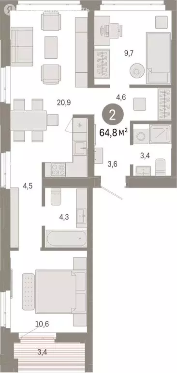 2-комнатная квартира: Тюмень, Ленинский округ (64.77 м) - Фото 1