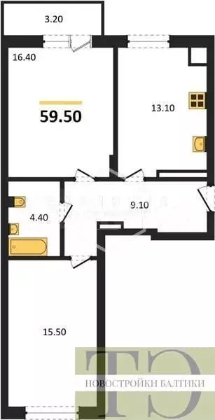 2-к. квартира, 59,5 м, 3/8 эт. - Фото 0