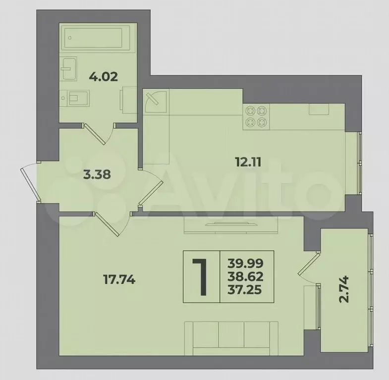 1-к. квартира, 40 м, 8/9 эт. - Фото 1