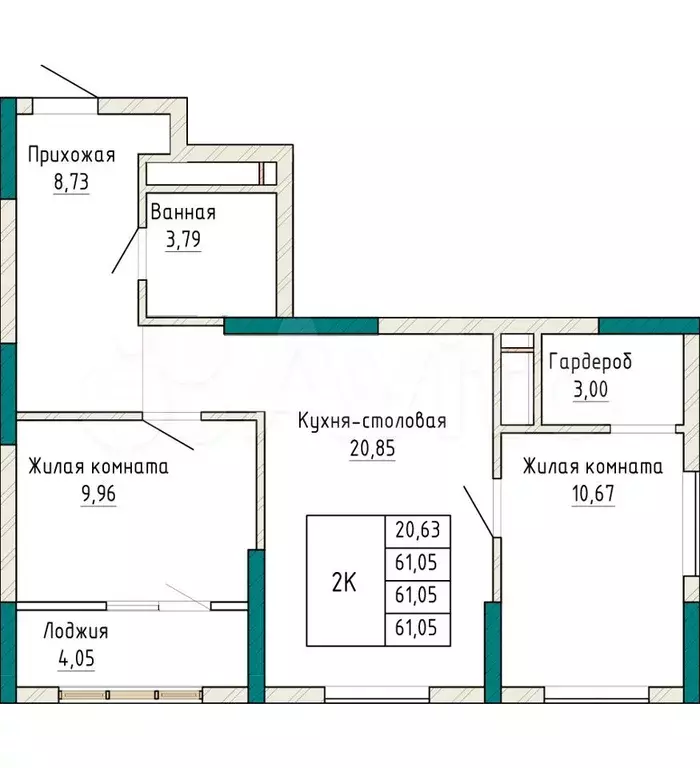 2-к. квартира, 61,1 м, 18/25 эт. - Фото 0