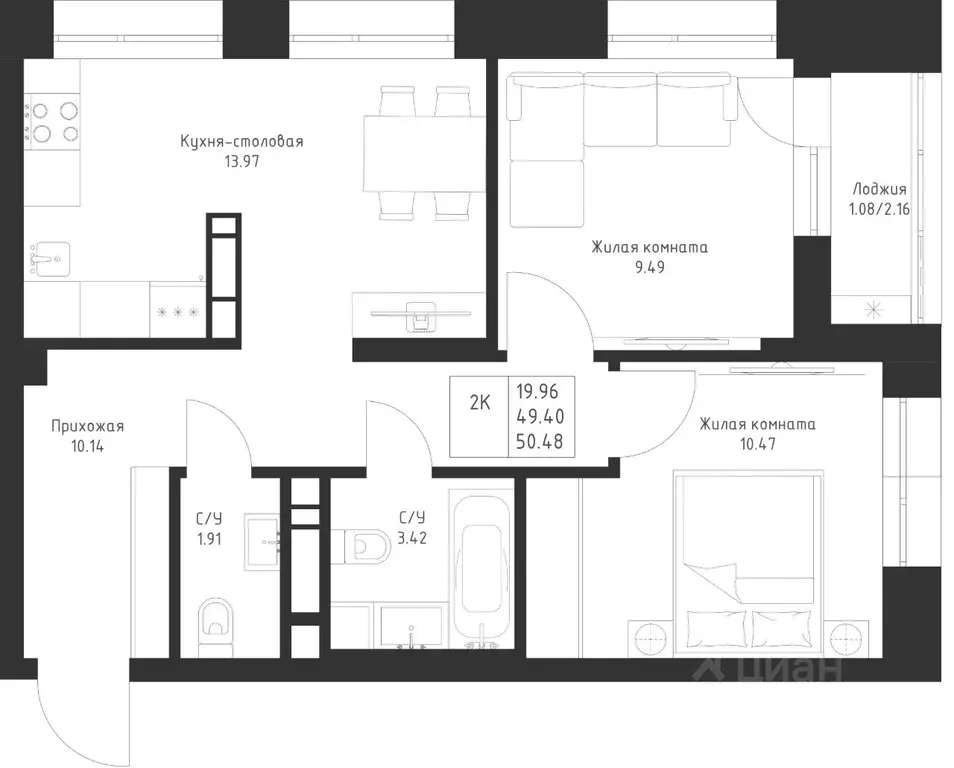 2-к кв. Татарстан, Казань Седьмое Небо жилрайон,  (50.48 м) - Фото 1