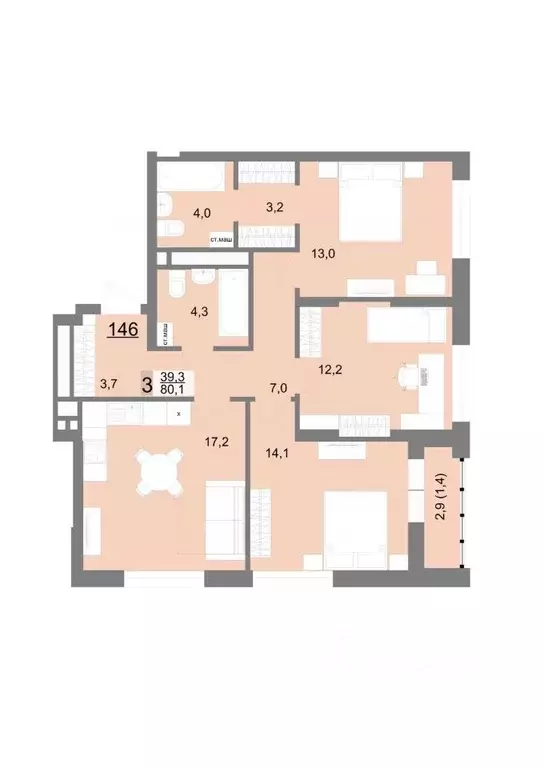 3-к кв. Свердловская область, Екатеринбург ул. Шаумяна, 77 (80.1 м) - Фото 1