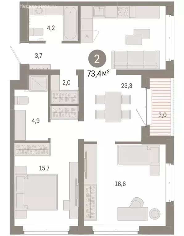 2-комнатная квартира: Тюмень, жилой комплекс На Минской (73.37 м) - Фото 1