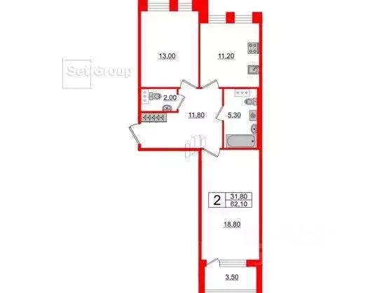 Квартира, 2 комнаты, 62.1 м - Фото 0