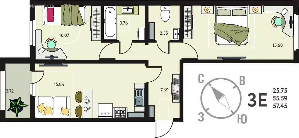 2-комнатная квартира: Курск, улица Энгельса, 115/6 (57.45 м) - Фото 1
