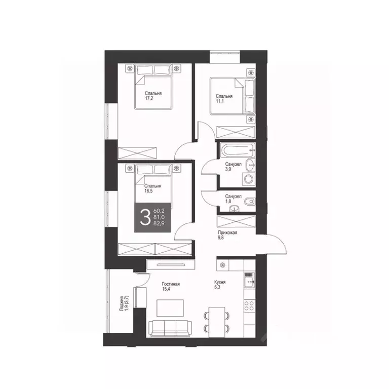 3-к кв. Татарстан, Альметьевск ул. Гафиатуллина, 60 (82.9 м) - Фото 0
