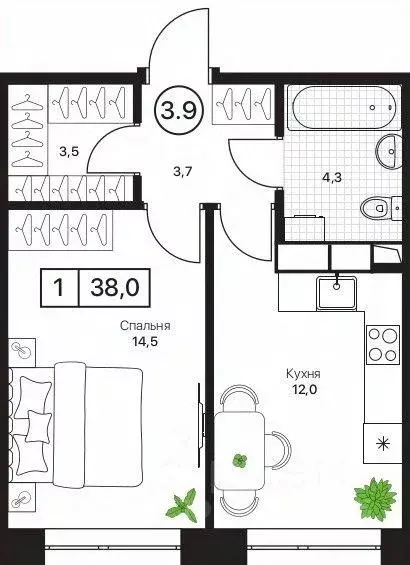 Квартира, 1 комната, 38 м - Фото 1