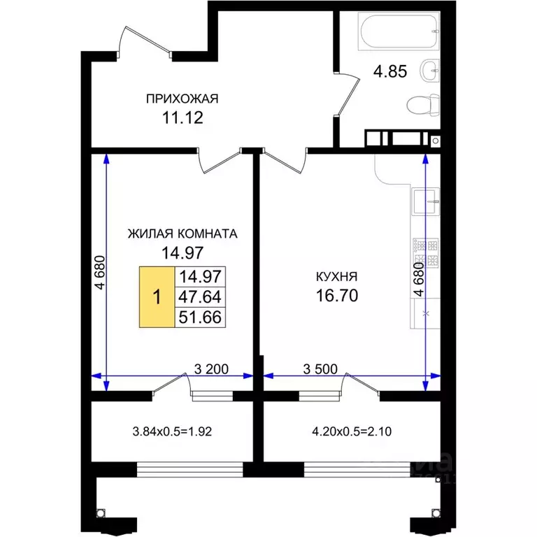 1-к кв. Краснодарский край, Новороссийск 5-я Бригада мкр,  (51.66 м) - Фото 1