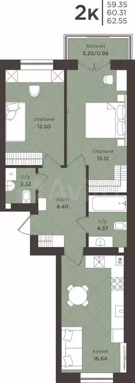 2-к. квартира, 61 м, 7/7 эт. - Фото 1