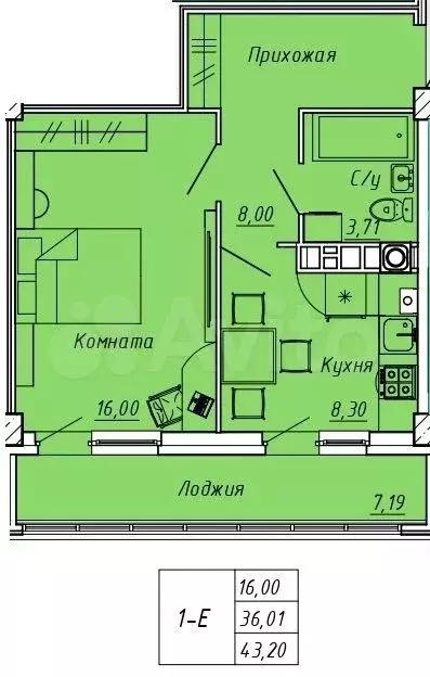 1-к. квартира, 43,2 м, 4/9 эт. - Фото 0