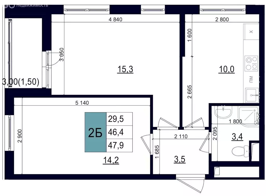 2-комнатная квартира: Одинцово, улица Бзри, к23 (46.7 м) - Фото 0