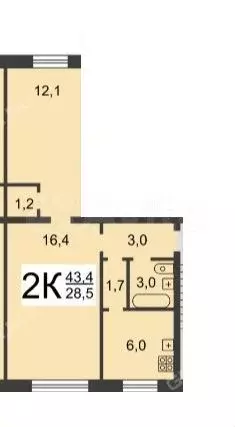 2-к. квартира, 43,4 м, 5/5 эт. - Фото 0