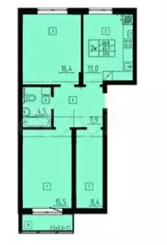 2-к. квартира, 66,8 м, 1/8 эт. - Фото 1