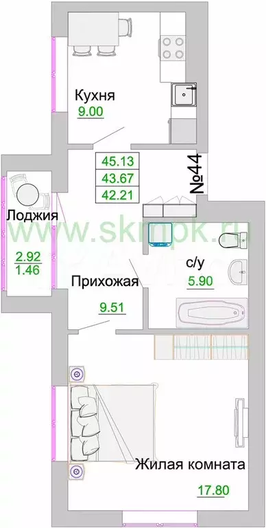 1-к. квартира, 43,7 м, 9/9 эт. - Фото 0