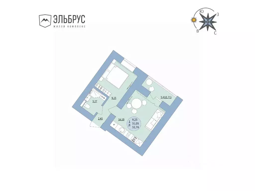 1-к кв. Башкортостан, Уфа Кавказская ул., 24 (32.76 м) - Фото 0
