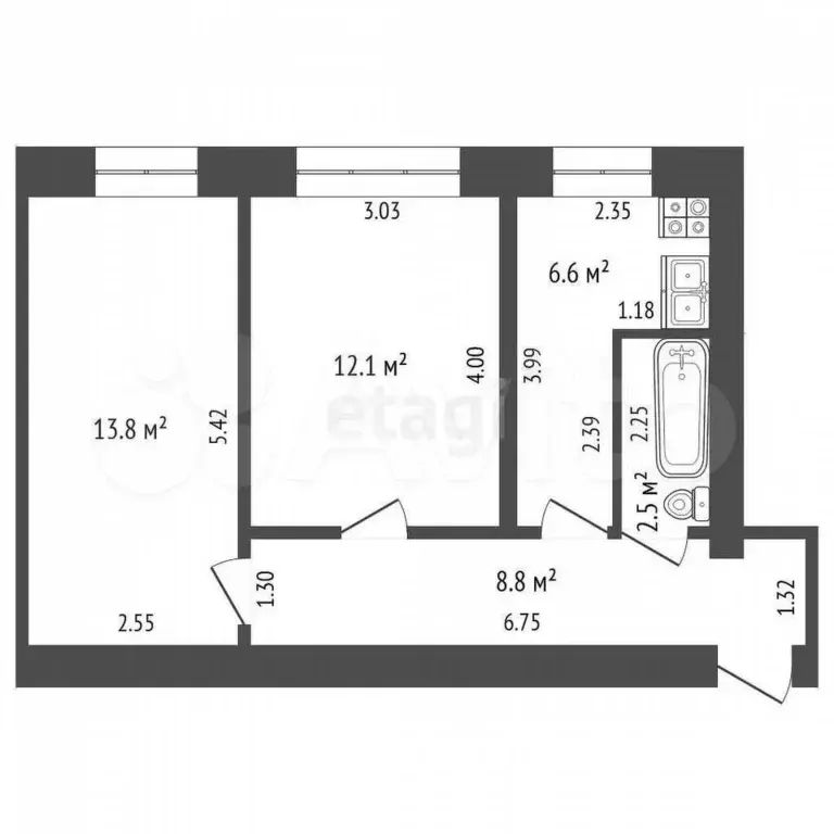 2-к. квартира, 44 м, 1/3 эт. - Фото 0