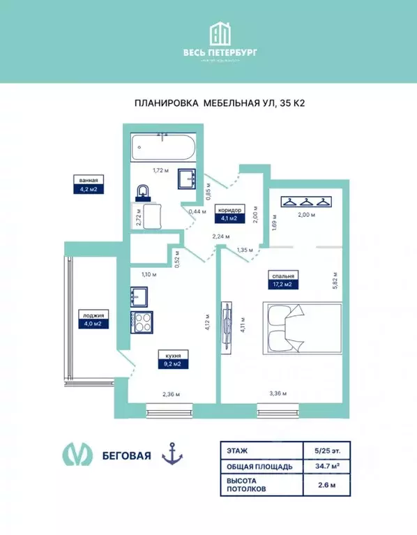 1-к кв. Санкт-Петербург Мебельная ул., 35к2 (34.7 м) - Фото 2