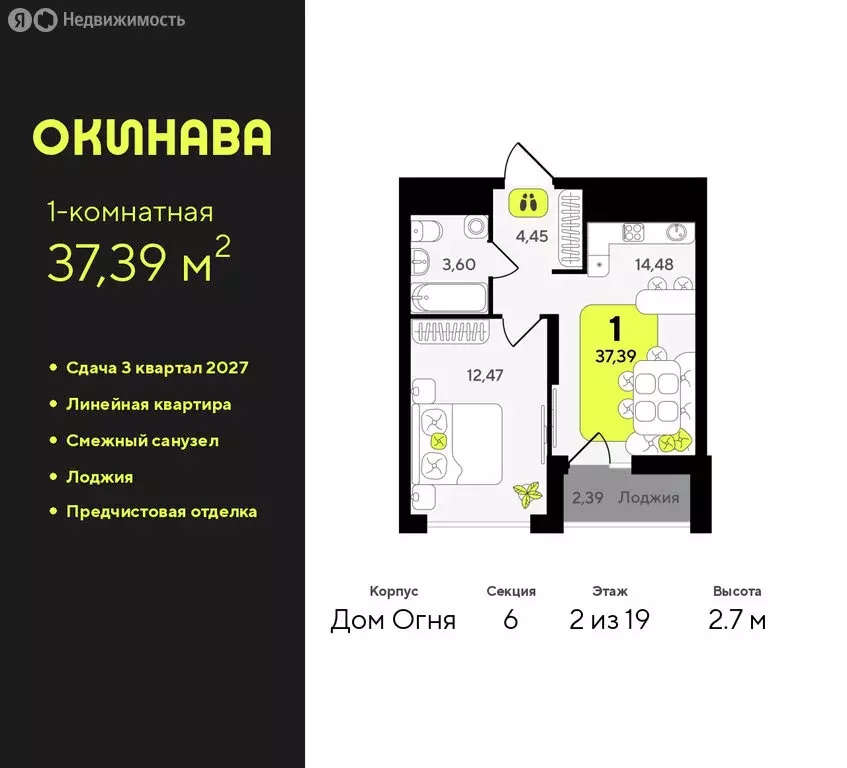 1-комнатная квартира: Тюмень, жилой комплекс Окинава (37.39 м) - Фото 0