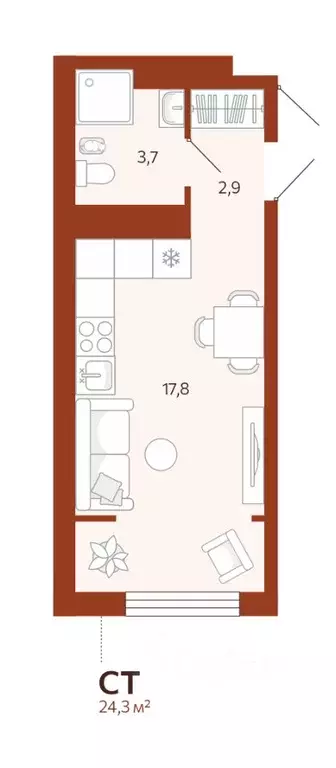 Студия Тюменская область, Тюмень ул. Новаторов, 30 (24.25 м) - Фото 0