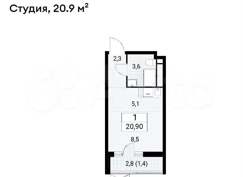 Квартира-студия, 20,9м, 13/15эт. - Фото 0