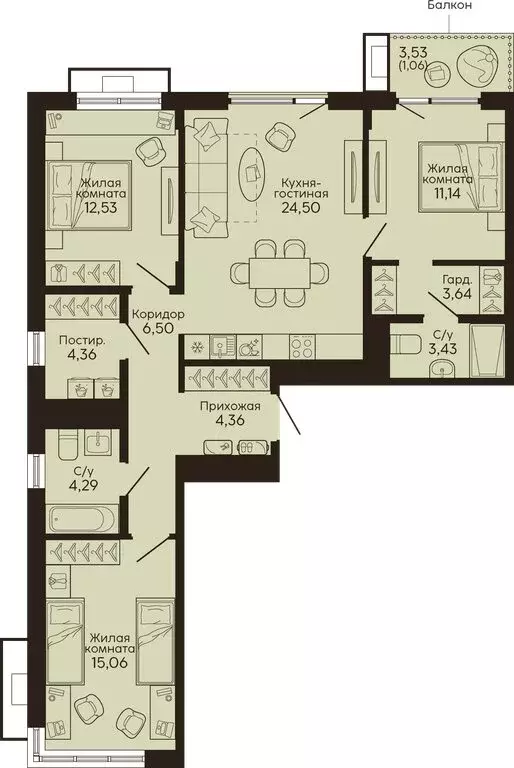 3-комнатная квартира: Екатеринбург, жилой район Вокзальный (90.87 м) - Фото 1