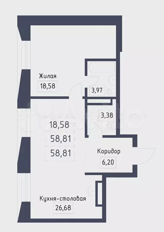 1-к. квартира, 58,8 м, 4/5 эт. - Фото 0