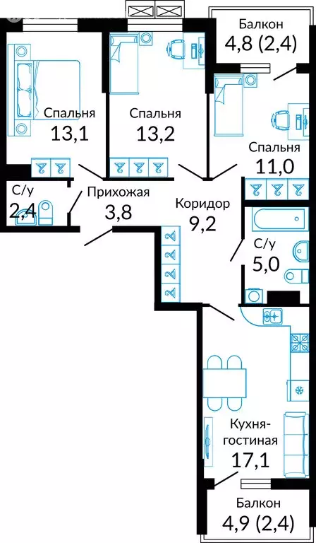 3-комнатная квартира: Краснодар, Конгрессная улица, 41 (81.5 м) - Фото 0