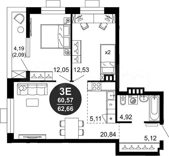 3-к. квартира, 63 м, 2/10 эт. - Фото 1