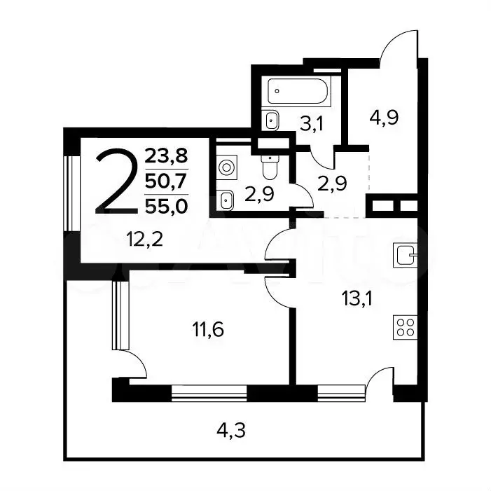 2-к. квартира, 55 м, 1/14 эт. - Фото 0