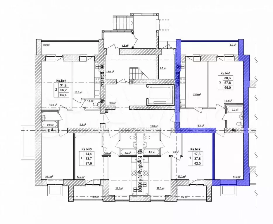 2-к. квартира, 66 м, 1/9 эт. - Фото 1