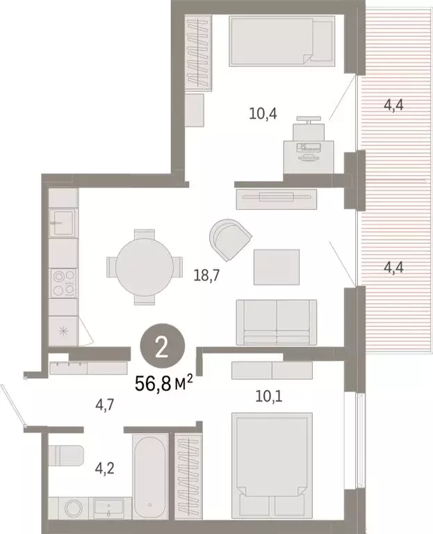 2-комнатная квартира: Омск, Кировский округ (56.83 м) - Фото 1